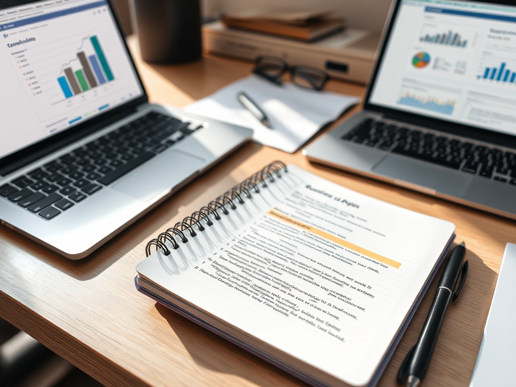 다양한 색상의 형광펜으로 중요 내용이 표시된 기업 분석 노트와 노트북 화면이 함께 놓여 있는 책상