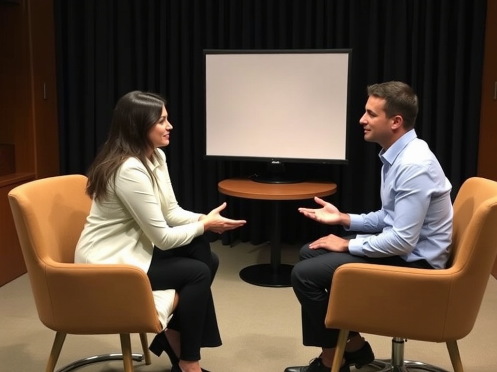 두 사람이 마주 앉아 진지한 표정으로 모의 면접을 진행하며 피드백을 주고받는 상황