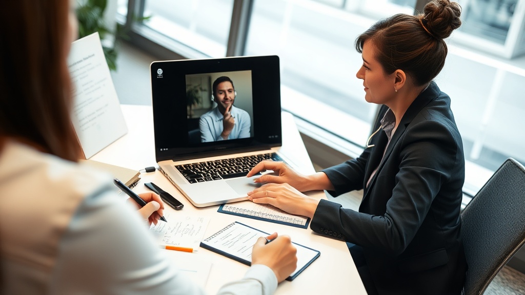 노트북 화면에 띄워진 면접 영상과 그 옆에 꼼꼼하게 적힌 피드백 메모지